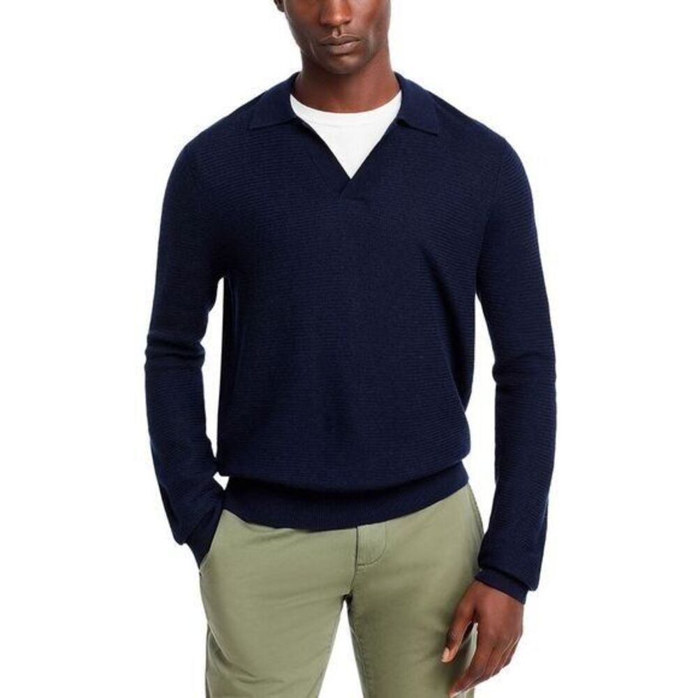 VINCE Sweater Mens XXL Navy Pullover V-Neck Polo Collar Merino Wool Knit $365